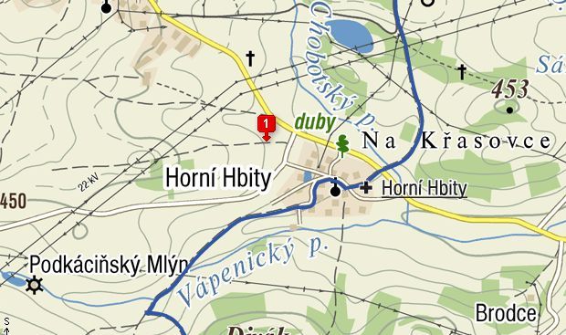 HORNÍ HBITY - turistická mapa - výřez (modrá značka vede okrajem vesnice)